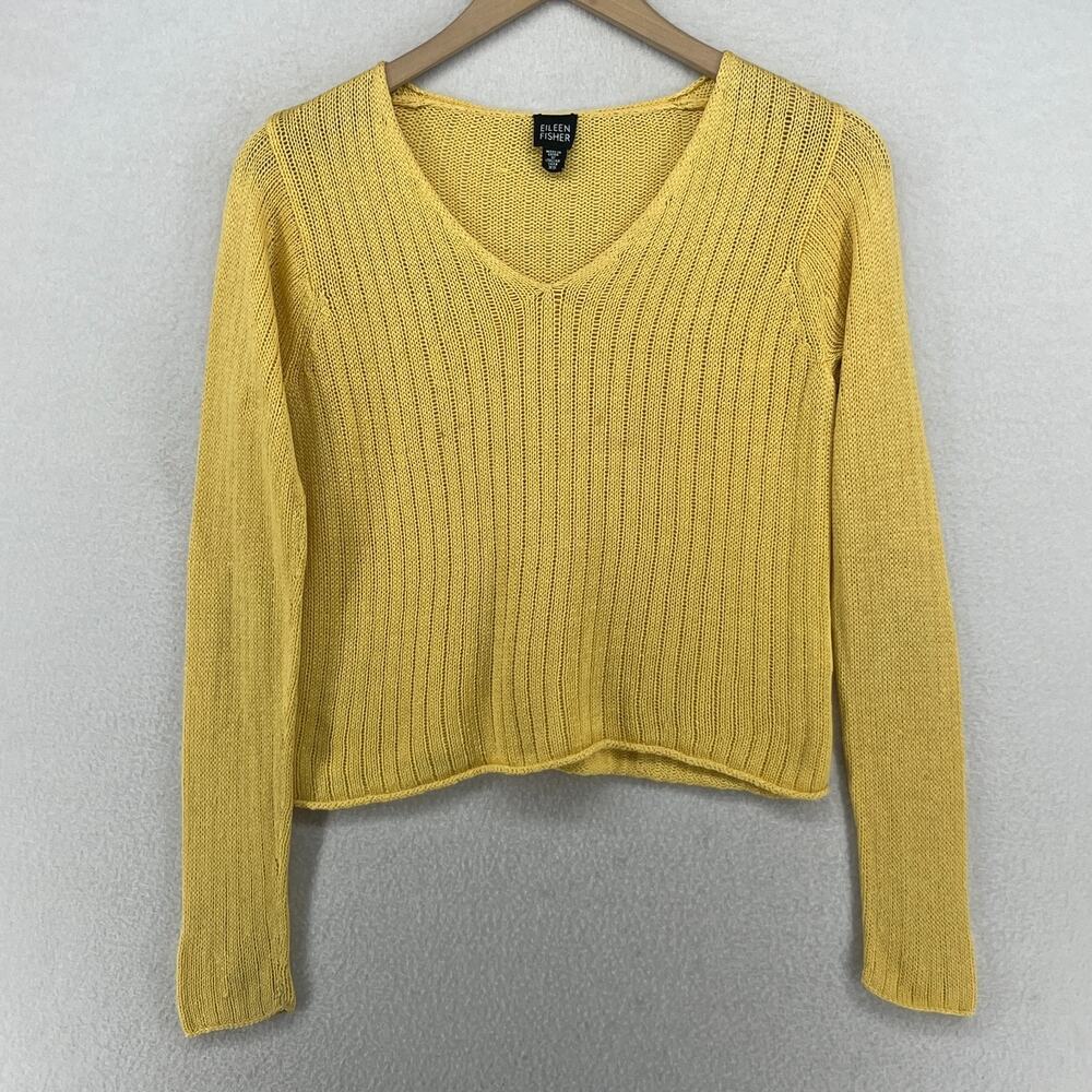 EILEEN FISHER Sweater XS Cotton Ribbed Open Stitch V-Neck Pullover Yellow VTG